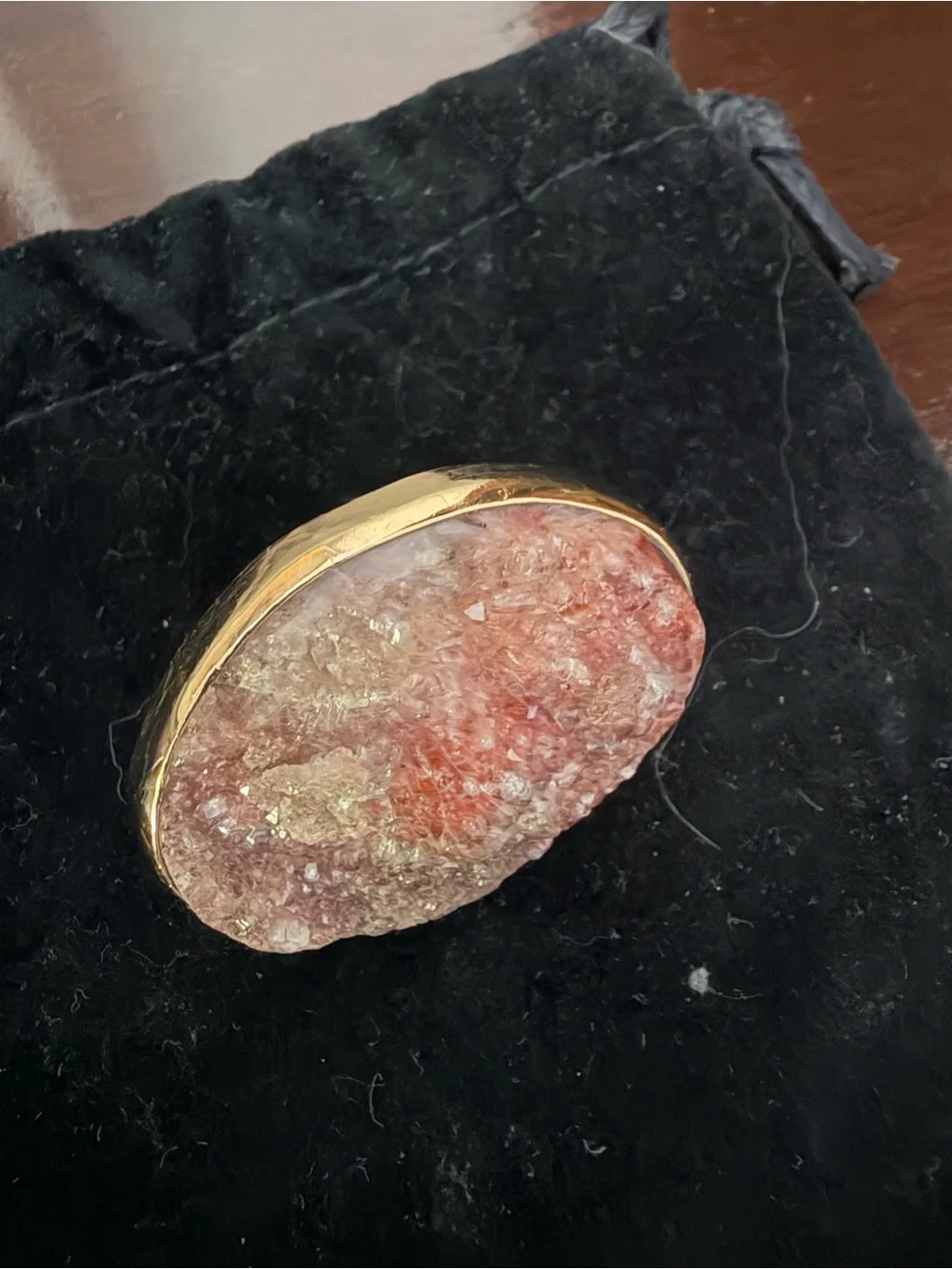 14 kt gold around a one of a kind rose drusy stone ring